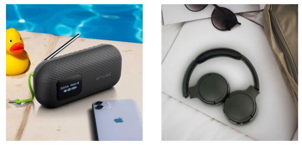 A bluetooth speaker of Muse at a pool and a headset