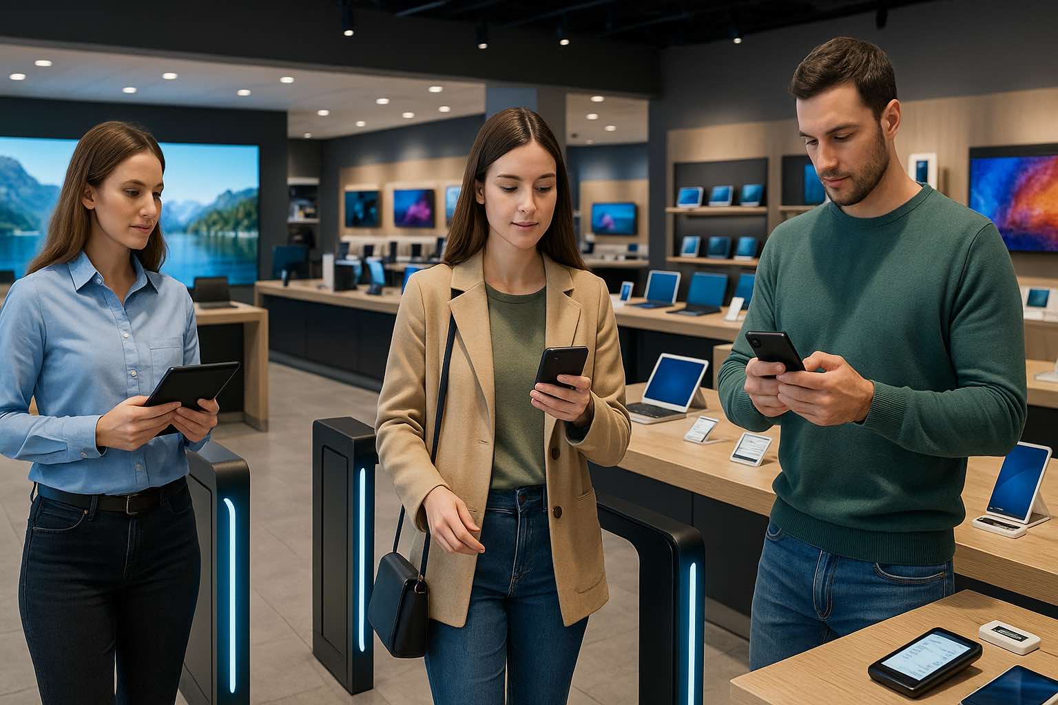 Hyperrealistische liggende foto van een futuristische consumentenelektronicawinkel: een klant loopt door kassaloze poortjes terwijl zij haar smartphone gebruikt, links staat een medewerker met tablet klaar voor ondersteuning en rechts test een andere klant een smartphone; rondom tonen elektronische schaplabels, laptops en grote schermen de high-tech winkelervaring zonder zichtbare teksten in beeld.